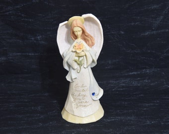 Enesco Foundations September Angel with Heart Shaped Rhinestone Birthstone by Karen Hahn. Bisque Ceramic Angel Figurine that Sparkles.