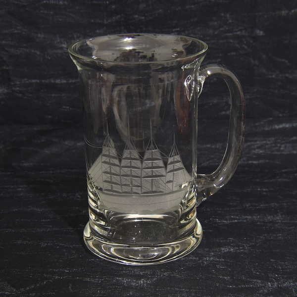 Toscany Etched Clipper Ship Glass Tankard Beer Stein. 24 Ounce Glass Stein with Schooner Ship Etched on the Glass. Crystal Glass Beer Stein.