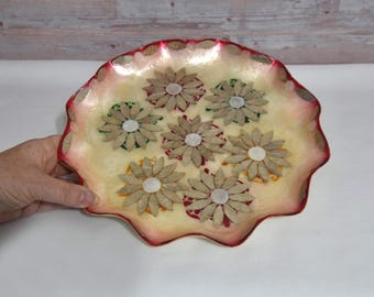 Vintage Capiz Shell Centerpiece Bowl with Flowers on Red, Green and Gold Elements. Large Trinket Bowl.