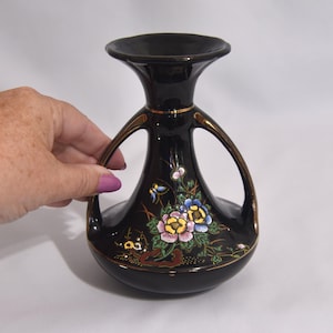 Stylish Vintage Two Handled Black Enameled Moriage Floral with Gold Trim Vase by Tashiro Shoten. Black Ceramic Pottery Vase Made in Japan.