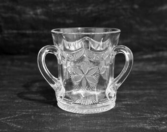 Three Handled Loving Cup. Antique Pressed Glass 3-Handled Loving Cup with Swag Drape and Floral Design. Collectible Glass Loving Cup.