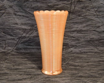 Iridescent Peach Luster Milk Glass Vase with Ribbing and a Scalloped Rim by Anchor Hocking. Peach Lustre Glass Vase.