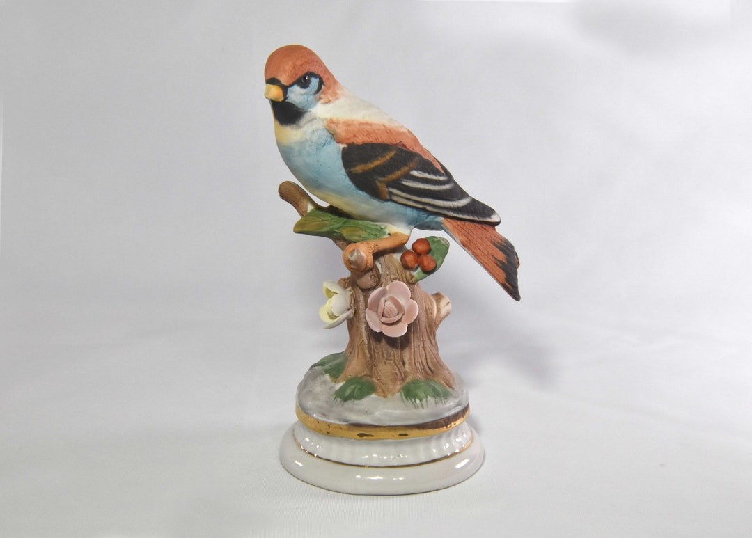 Bisque Porcelain Bird Figurine Sitting on a Stump With Flowers Made in ...