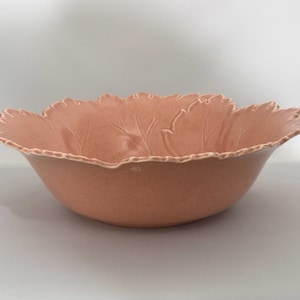 Steubenville Pottery Woodfield Coral (Salmon Pink) Salad Bowl with a Leaf Pattern. Steubenville Bowl. Pottery Bowl with leaf pattern.