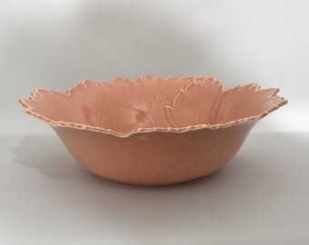 Steubenville Pottery Woodfield Coral (Salmon Pink) Salad Bowl with a Leaf Pattern. Steubenville Bowl. Pottery Bowl with leaf pattern.