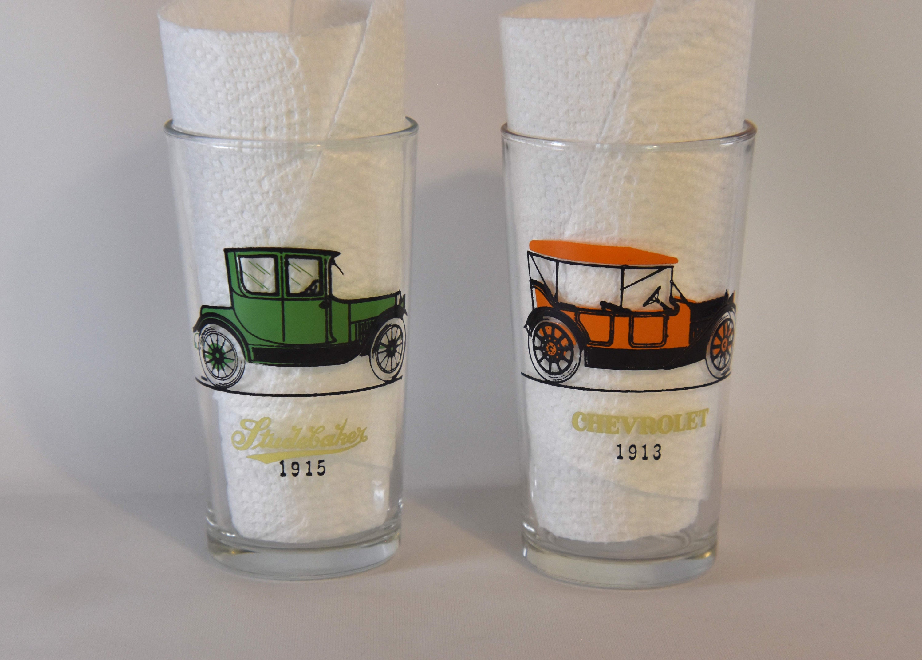 Two Vintage Antique Car Drinking Glasses Possibly Hazel Atlas. Vintage