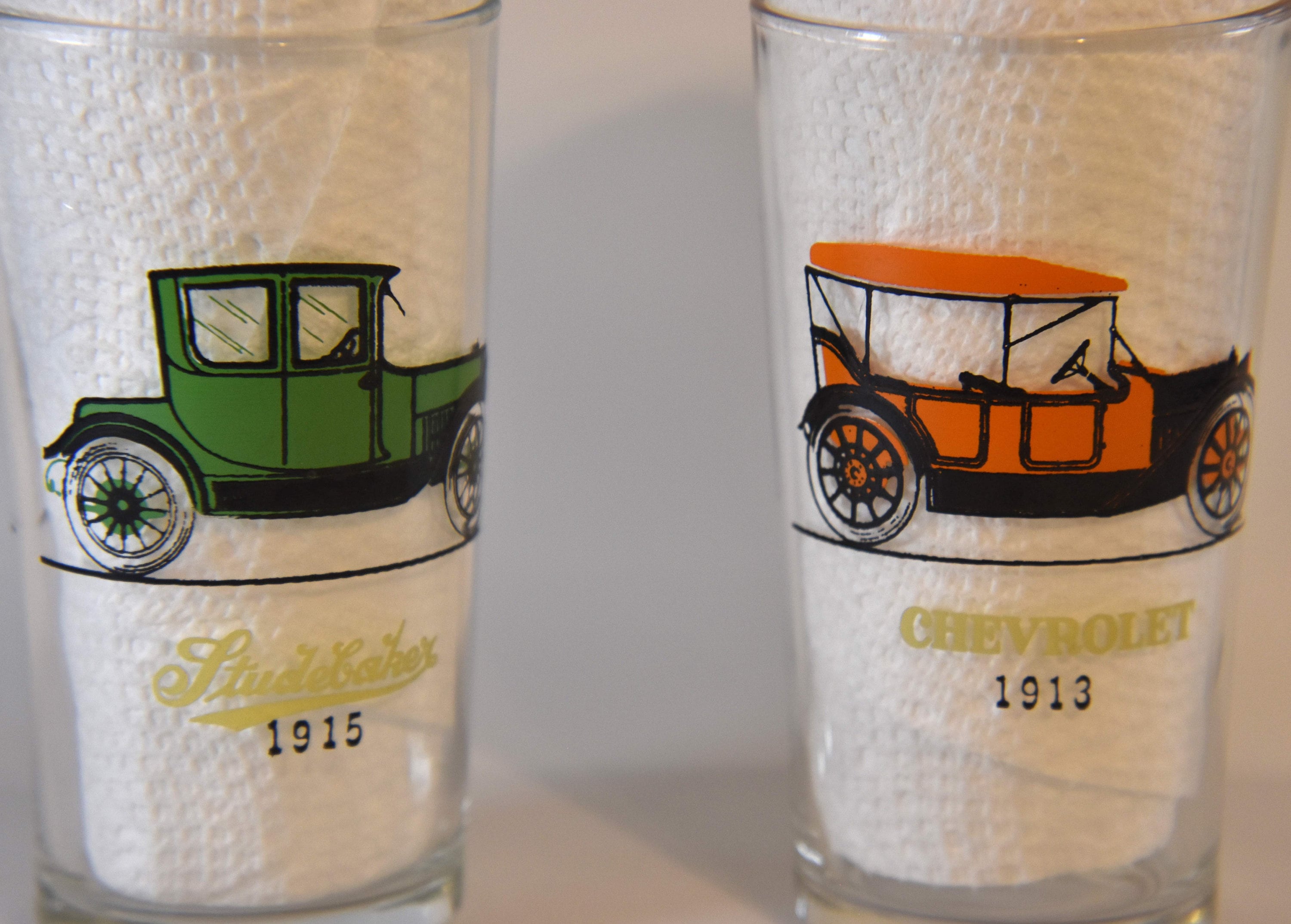 Two Vintage Antique Car Drinking Glasses Possibly Hazel Atlas. Vintage