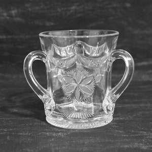 Three Handled Loving Cup. Antique Pressed Glass 3-Handled Loving Cup with Swag Drape and Floral Design. Collectible Glass Loving Cup. image 7