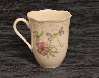 Lenox Porcelain Butterfly Meadow & Dragonfly Mug. One Butterfly Meadow Cup by Lenox. Dragonfly and Butterfly Lenox Mug with Scalloped Rim.