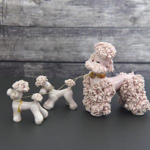 Nostalgic and Delightful Vintage Pink Porcelain Poodle & Pups Figurine. Mid Century Spaghetti Pink Poodle Figurines. PLEASE READ BELOW.