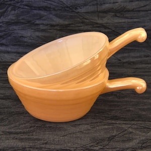 Set of Two Fire King Peach Luster Milk Glass Beehive Bowls with Handles. Two Fire King Anchor Hocking Soup Bowls with Handle.