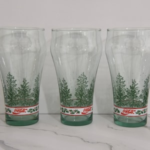 Vintage Set of Three Libbey Coca Cola Pine Tree Drink Glasses. Clear Pale Green Tint Holiday Drink Glassware. Coca Cola Holiday Glassware.