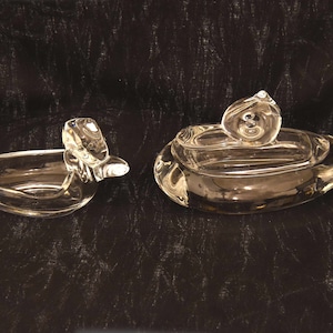 Glass Duck Cigarette Box and Ashtray made by Duncan Miller Glass for the Pall Mall Series. Glass Duck Container and Ashtray.
