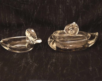 Glass Duck Cigarette Box and Ashtray made by Duncan Miller Glass for the Pall Mall Series. Glass Duck Container and Ashtray.
