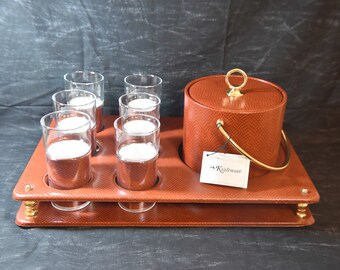 Kraftware Henry & Miller Barware -One Ice Bucket, Six Glasses and Tray - Faux Snake Skin Leather. Mid-Century Man Cave Barware.