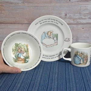 Child's 3 Piece 1991 Dinnerware Set of Wedgwood Peter Rabbit Cup, Bowl & Plate. Peter Rabbit Set, Flopsy Mopsy,  Cotton-Tail, and Peter.