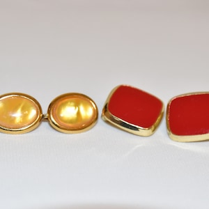 Two Pair of Costume Jewelry Red and Yellow Clip on Earrings. Vintage Jewelry.  Vintage Clip on earrings. Vintage 80s or 90s Clip Earrings.