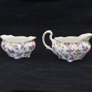 Vintage Mini Open Sugar Bowl and Creamer in the Rosamunde Pattern by Royal Stafford. Floral Chintz Fine Bone China Sugar Bowl and Creamer.