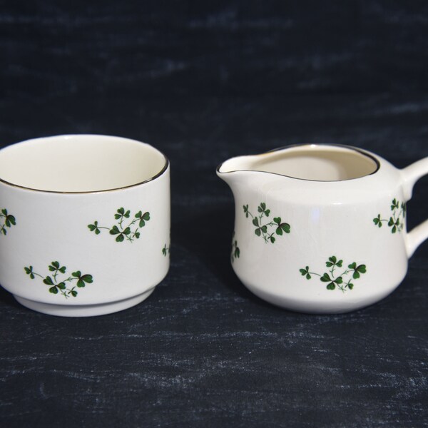 Carrigaline Pottery Miniature Sugar Bowl & Creamer with a Shamrock Pattern, Made in Cork, Ireland. Vintage Shamrock Creamer and Sugar Bowl.