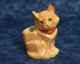 Small Iridescent Mid Century Modern Ceramic Marmalade Cat Figurine Planter. Cubist Style Orange Green Eyed Cat. Collectible Cat Figurine.