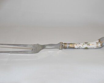 Sheffield Enameled Porcelain Handled Stainless Steel Fork Blue and White Floraine Pattern. Serving Fork with Porcelain Handle.