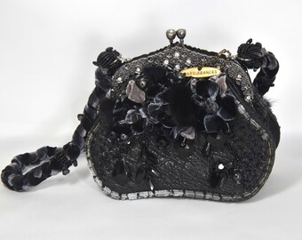 Mary Frances Leather, Black Floral Velvet, Beads and Rhinestone Evening Handbag. Black Velvet & Leather Handbag. Mary Frances Purse.