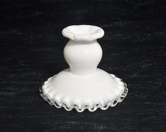 Vintage Fenton Glass Silver Crest Taper Candlestick Holder. Single Ruffled Milk Glass Silver Crest Candlestick. Perfect for Wedding Decor.