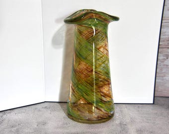 Vintage Murano Style Hand Blown See Thru Green and Brown Swirl Art Glass Vase. Elegant Colorful Blown Glass Vase with a Pinched Rim.