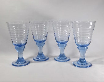 Set of Four Libbey Sirrus Blue Ribbed Glasses. Libbeys Blue Wine Goblets. Light Blue Ribbed Goblets. Blue Ribbed Barware Glasses.