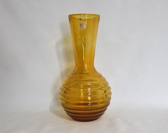 Rare Vintage Blenko Ribbed Amber Honey Vase. Tall Amber Blenko Glass. Blenko 9213 Style Ribbed Vase. Ribbed Blenko Amber Vase.