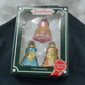 Kugelgruss Glass Tradition Ornament Bells. Vintage Glass Ornaments in the Shape of Bells in the Original Box.