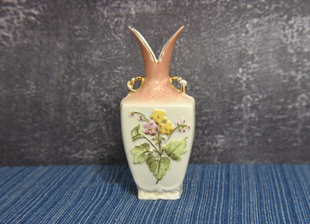 Small Porcelain Hand Painted Vintage Vase With Bas Relief Flowers. Mid ...