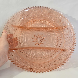 Pink Indiana Glass Tiara Sandwich 3 Part Relish Dish. Peach Colored Pressed Glass Relish Dish. 3 Section Divided Glass Serving Plate.