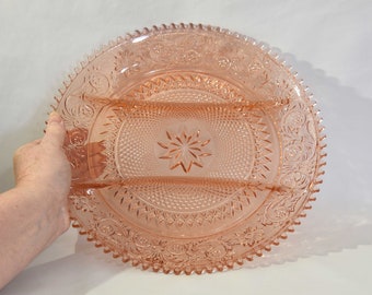 Pink Indiana Glass Tiara Sandwich 3 Part Relish Dish. Peach Colored Pressed Glass Relish Dish. 3 Section Divided Glass Serving Plate.