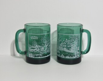 Vintage Currier & Ives Holiday Mugs: 1993 Green Glass Coffee Mugs, Winter Farm Scene