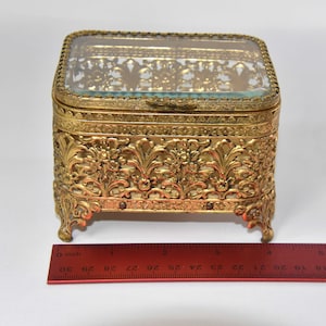 Brass Casket Box with Hinged Beveled Glass Lid Ormulu. Mid Century Vanity Box with Filigree Decoration. Brass Vanity Jewelry Box.