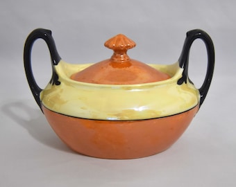 Phoenix China Cecho Slovakia Lusterware Sugar Bowl. Art Deco Style Orange and Yellow Lustre Porcelain Sugar Bowl. Vintage Sugar Bowl.
