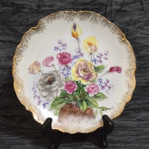 Vintage Signed and Hand Painted Floral Decorative Plate with Splattered Gold Trim. Collectible Mid Century Plate with Roses Painted on it.