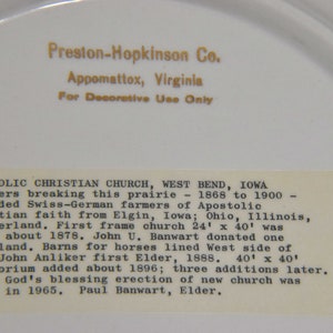 Apostolic Christian Church, West Bend Iowa Church Plate Preston-Hopkinson Co. Decorative Church Plate from Iowa. Collectible Church Plate. image 4