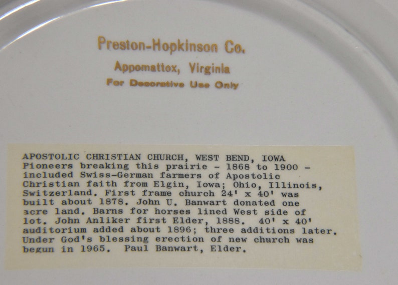 Apostolic Christian Church, West Bend Iowa Church Plate Preston-Hopkinson Co. Decorative Church Plate from Iowa. Collectible Church Plate. image 4