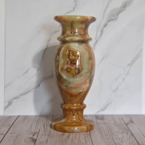 Beautiful Natural Vintage Onyx Vase with Brown, Gold and Pale Green Rings. 8” Onyx Stone Vase. Heavy Brown Ringed Onyx Marble Vase.