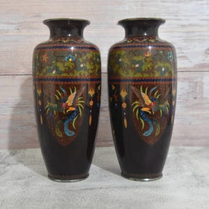 Two Stunning Antique Japanese Cloisonné Vases Late 19th Century Meija Period. Pair of Japanese Cloisonne Enamel Phoenix & Dragon Art Vases.