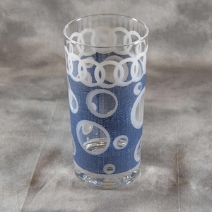 Very Rare Mid Century Highball Drink Glass Signed by Fred Press (One Single Glass). Blue Drink Glass with White Circles.