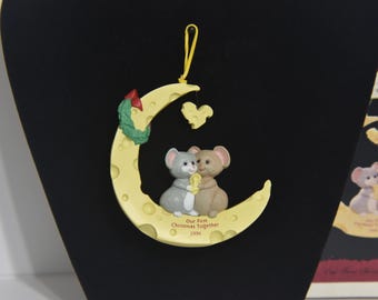 Vintage Hallmark 1996 Our First Christmas Ornament. Keepsake Ornament in box for First Christmas Cheese Shaped like a Moon with Two Mice.