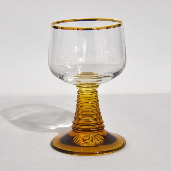 One Vintage Roemer Wine Glass with Amber Ribbed Beehive Style Stem and Gold Trim Around the Rim. Vintage Wine Glass with Amber Stem.