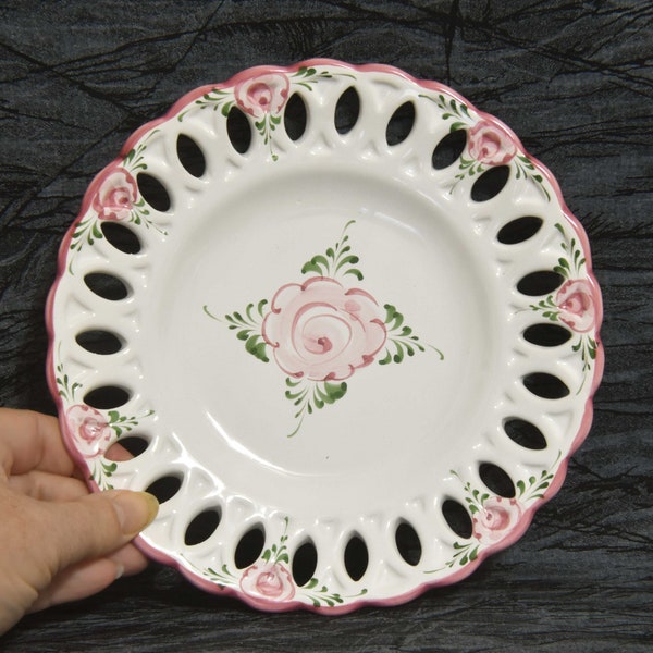 Vestal Plate with Pink Flowers and Reticulated Border Made in Portugal. Hand Painted Wall Plate with Holes along the Edge.