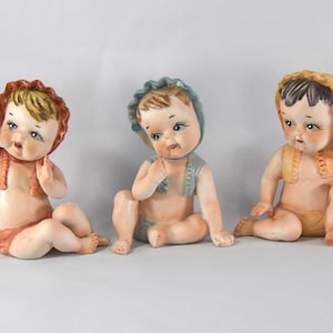 Rare Matching Set of 3 Girl Piano Babies Sun Bather Figurines with Original Labels Made by Norleans of Taiwan. Piano Baby Figurines.