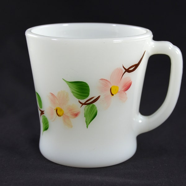 Fire-King Gay Fad Peach Blossom Mug, Milk Glass Mug with Peach Blossom Flowers. Anchor Hocking Milk Glass Gay Fad Cup with Flowers.