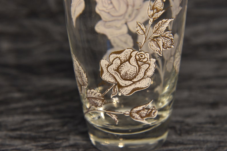 K&ouml;nnte beinhalten: Ein klares Glas mit einem wei&szlig;en und braunen Blumendesign. Das Design zeigt Rosen und Bl&auml;tter.