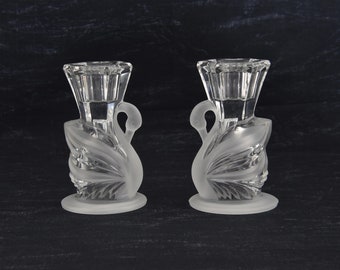 Vintage 1990s Partylite Lead Crystal Swan Candlestick Holders. Clear and Frosted Glass Swan Taper Candle Holders. Partylite Candle Holders.